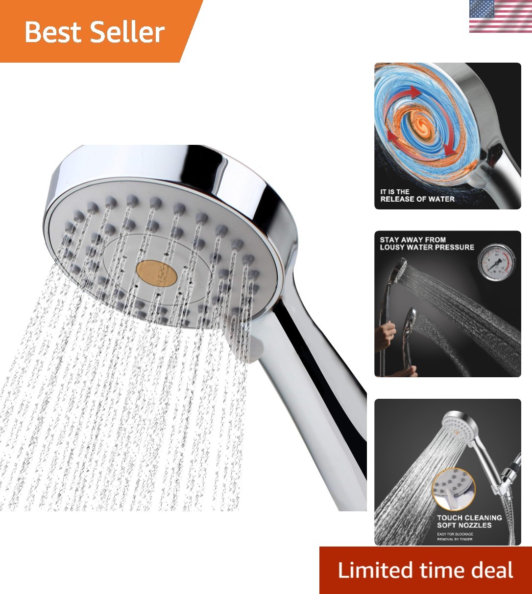 3-Setting High Pressure Handheld Shower with Anti-Clog Nozzles & Chrome Finish gallery