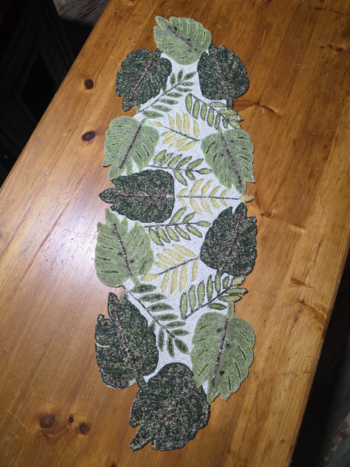 Beautiful Glass Bead Table Runner Green Leaves Tropical/Fall/Spring/Summer gallery