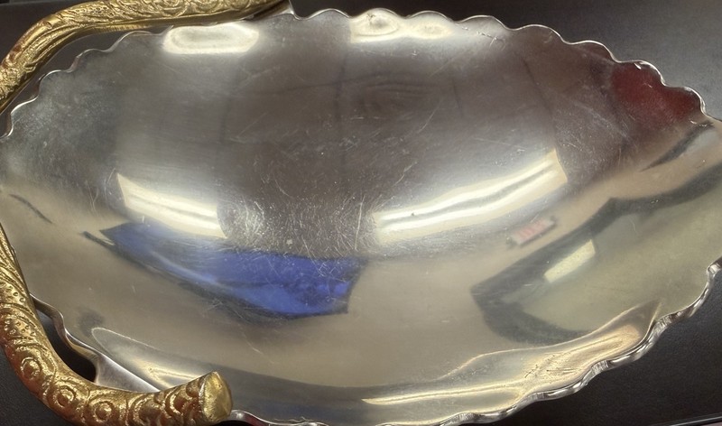 Michael Aram Silver & Gold Handle Serving Tray/bowl with scallops & bird decor gallery