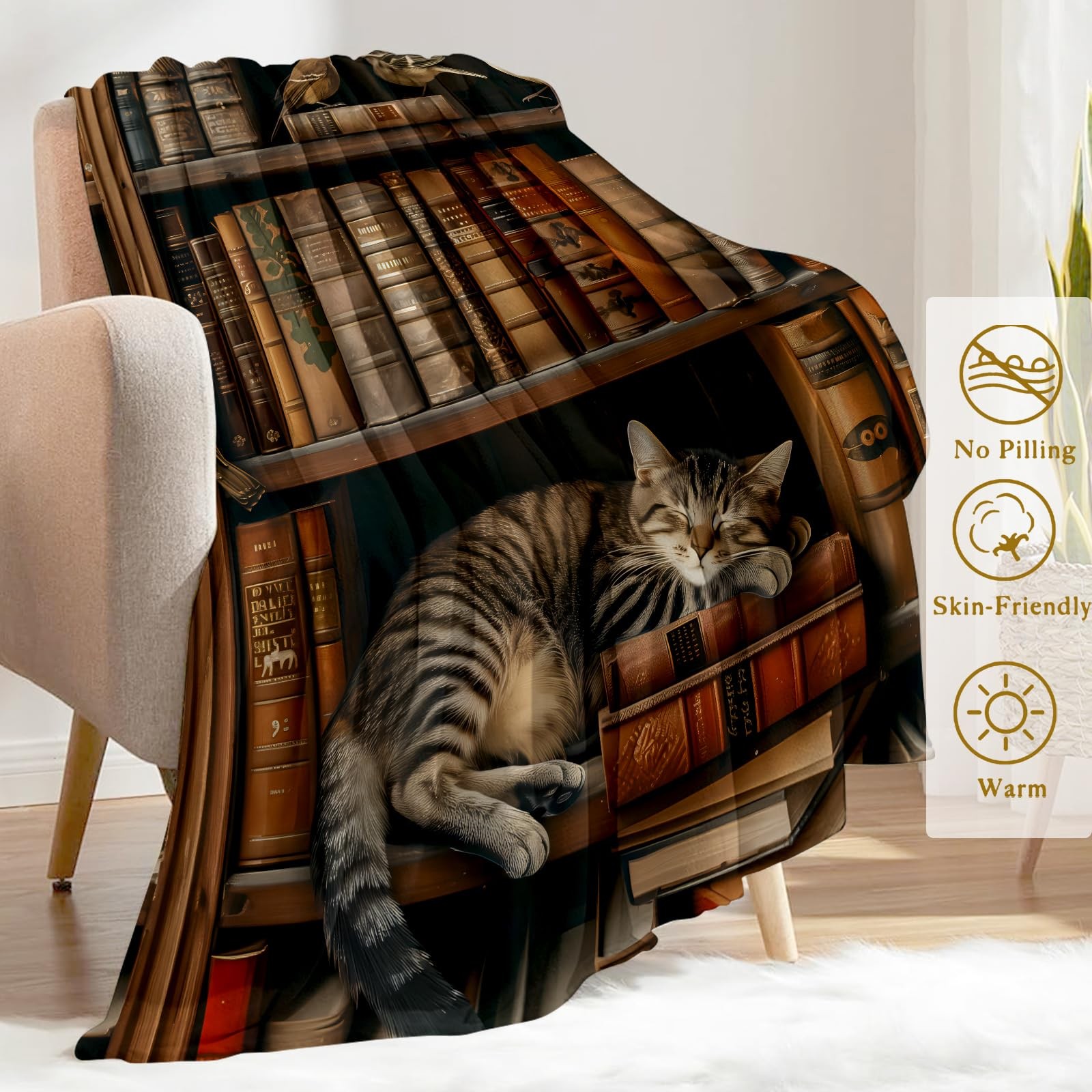 Book Flannel Blanket Cat Napping On Bookshelf 60x80 Inch Library Lover gallery