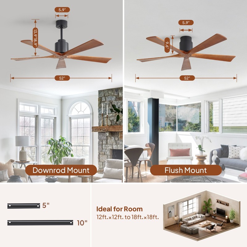 Sofucor 52in Flush Mount & Downrod Ceiling Fan No Light with 6 Speeds and Remote gallery