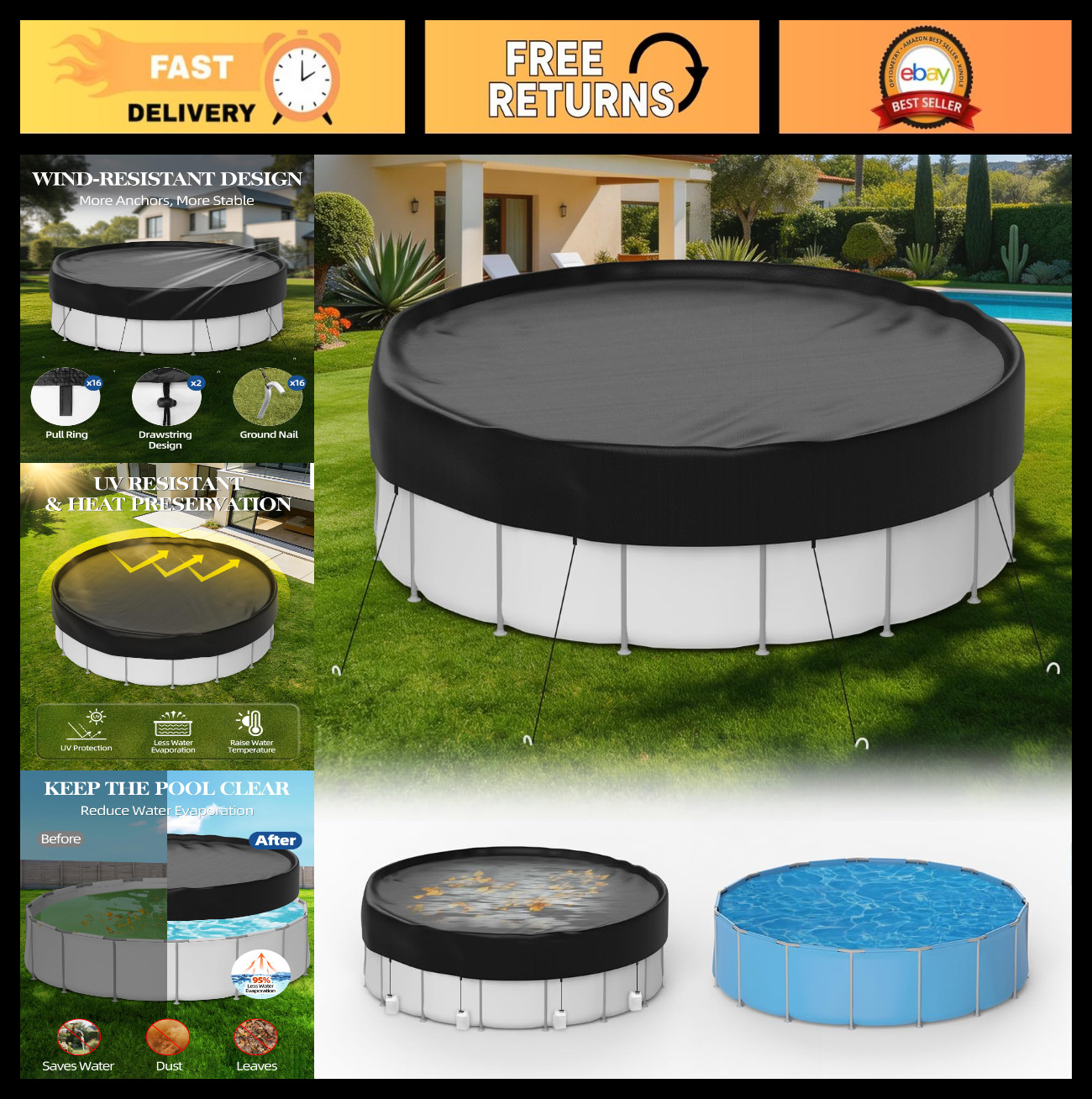 18ft Round Above Ground Pool Cover - Heavy Duty Solar Protector, Waterproof, Tea gallery