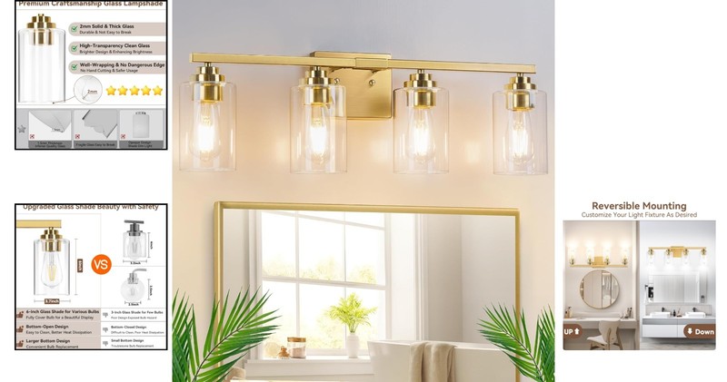 Versatile Modern Vanity Light Fixture - 4-Light Brushed Gold with Clear Shades gallery