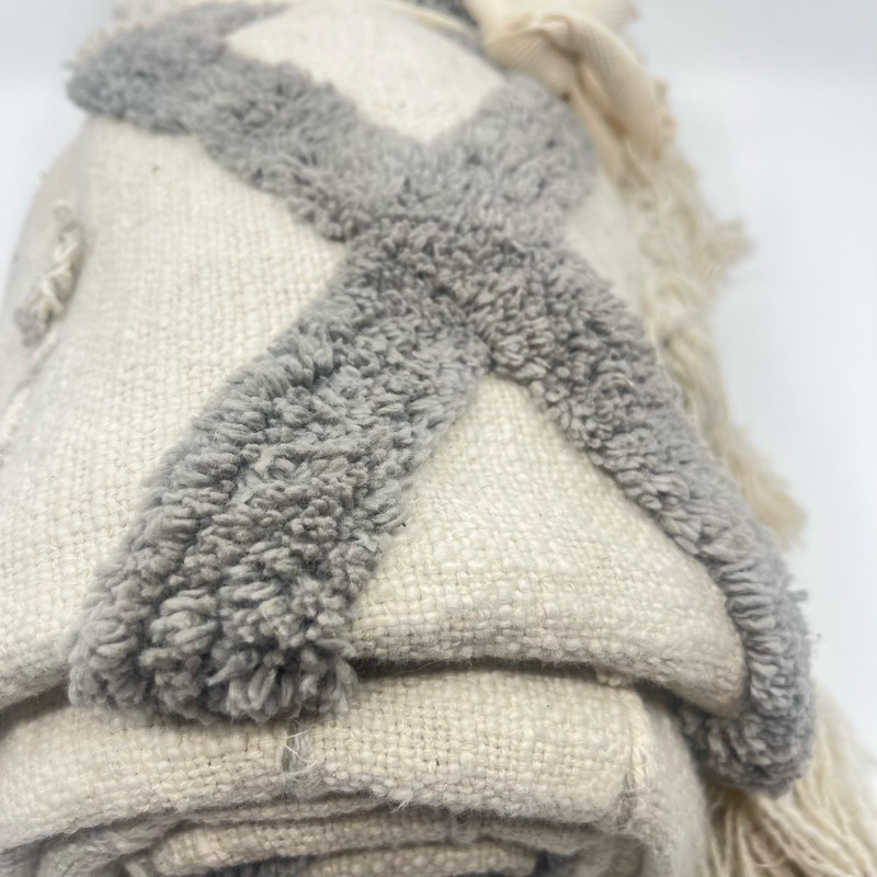 New Textured Throw Blanket Cream & Gray Tufted Geometric Design with Tassels gallery