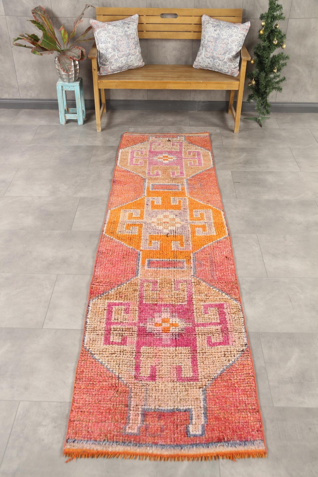 Vintage 2,5x9,4 ft Rug, Runner Turkish Rug, Orange Floral Wool Rug gallery