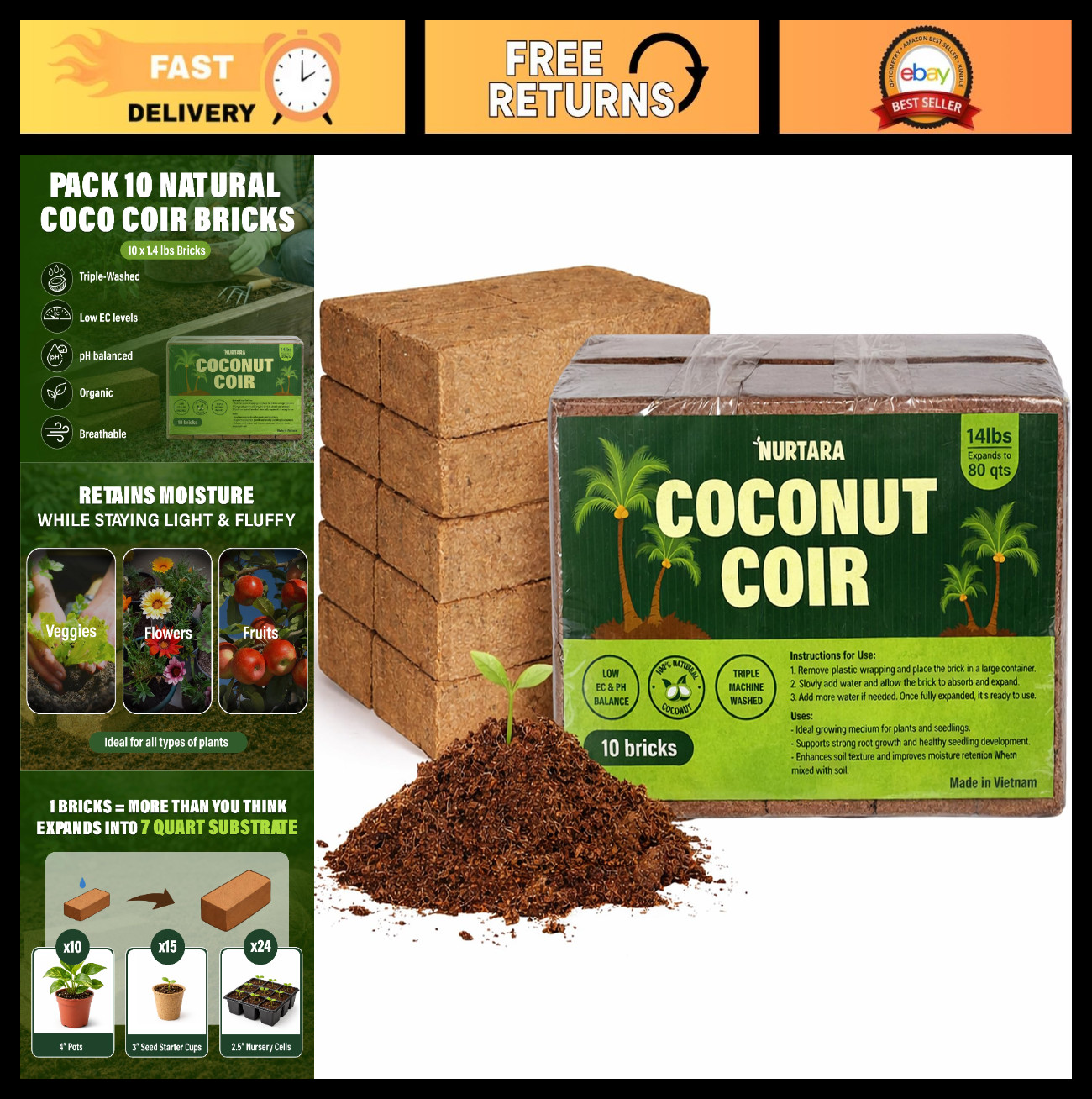10 Pack Coconut Coir Bricks 14 Lbs | Organic Compressed Cocopeat Soil, Seed Star gallery