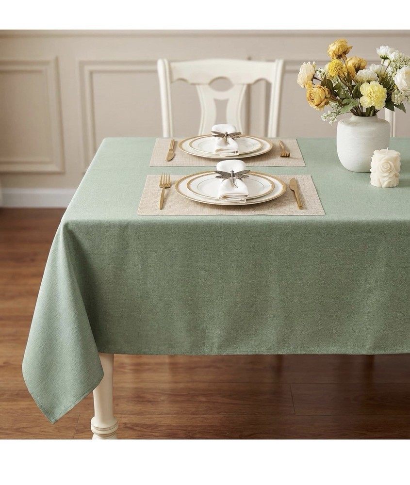 Green Linen Blend Rectangular Tablecloth Waterproof Washable Anti-Scratch