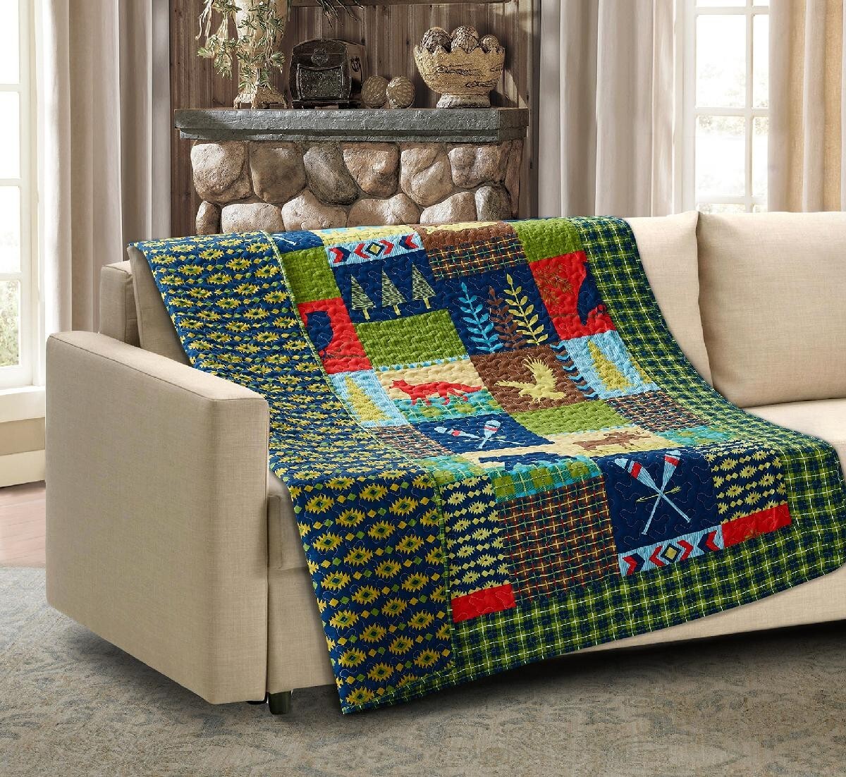 Bold Colorful LAKE & LODGE Reversible Thin Soft Quilted Throw Blanket 50x60 in gallery
