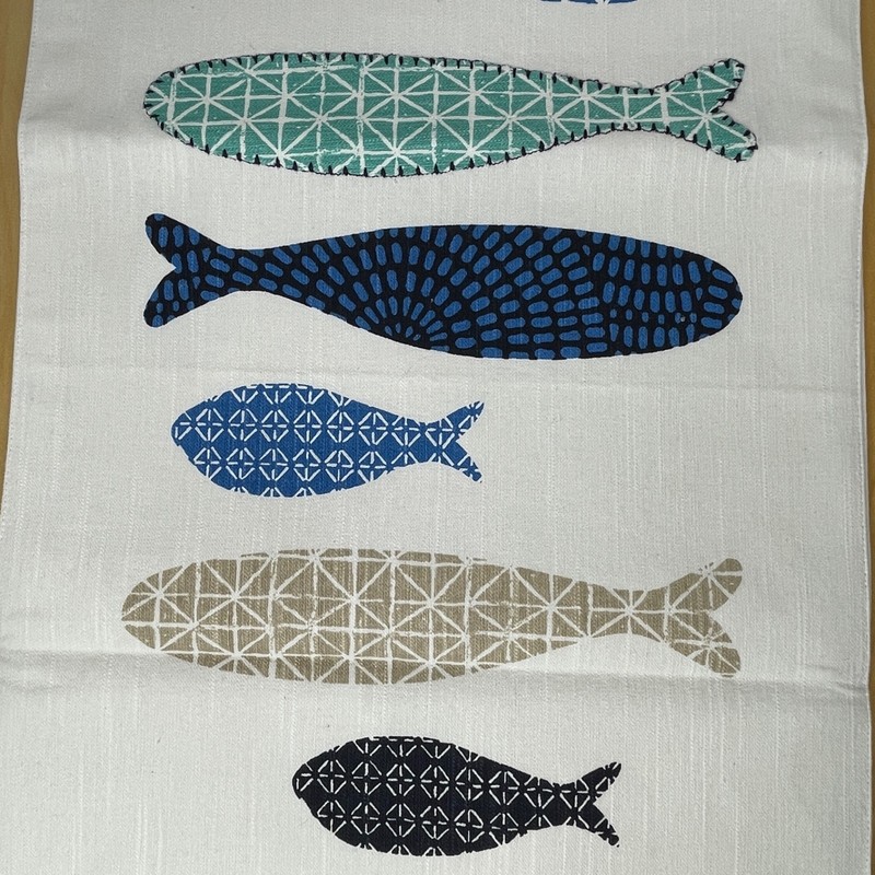 Fish Appliqué Table Runner with Tassels Cream Blue Teal Beige Black EUC 14x70" gallery