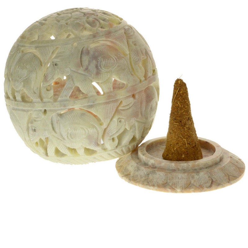 Burner for Cones and Candle Holder - Soapstone Carved T-Lite Ball - Flowers 3 in gallery