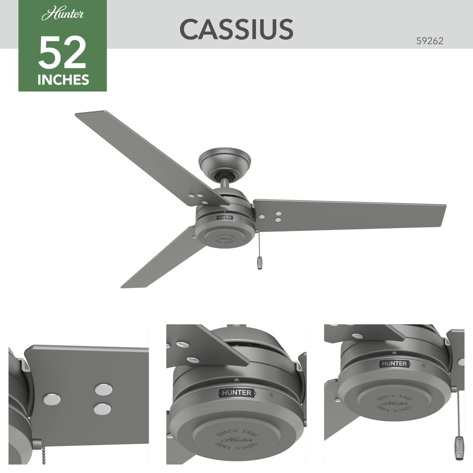 Hunter Cassius 52" Ceiling Fan Indoor Outdoor Matte Silver Rustic Design New gallery