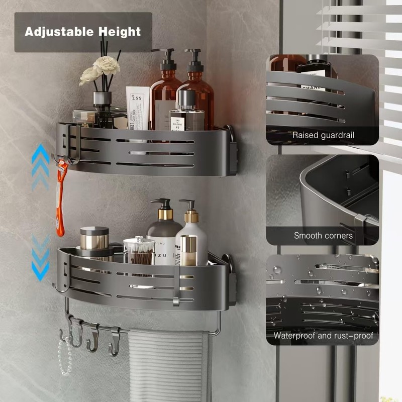 Aluminum Corner Shower Caddy Suction Cup, 2-Tier Shower Shelves with 8 Hooks gallery