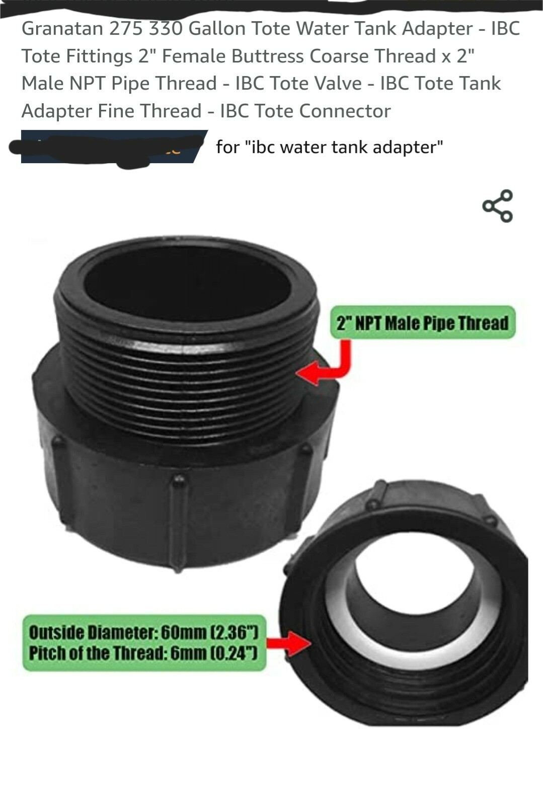 Granatan  275-330 Tote water Adapter 2inch (Coarse thread) Please see pics gallery