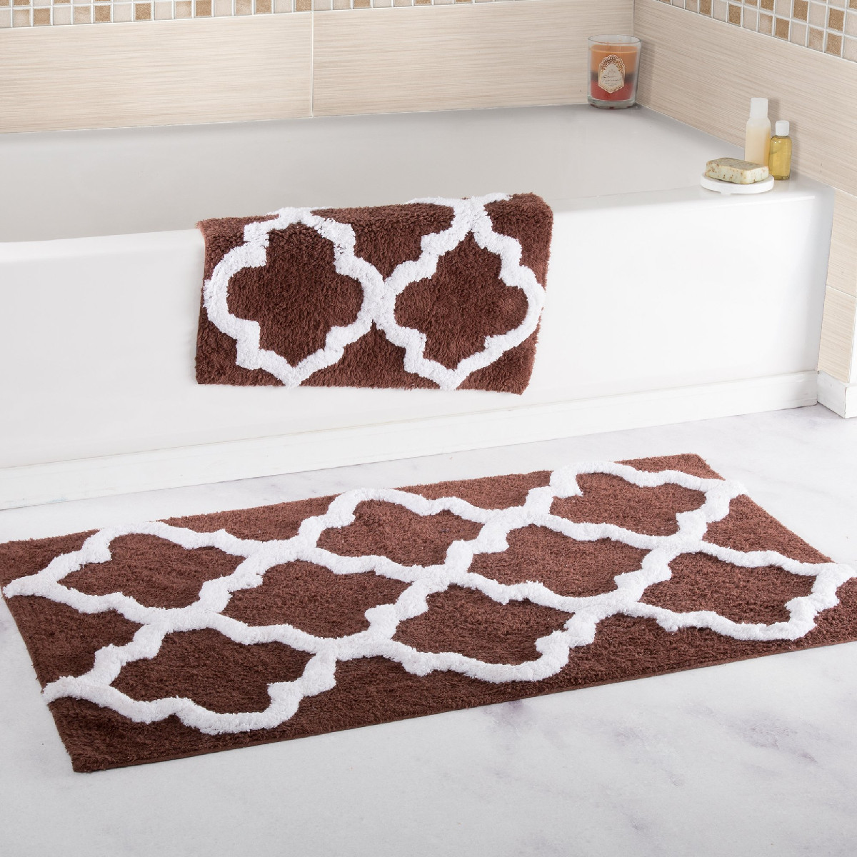 Lavish Home 100 Cotton 2 Piece Trellis Bathroom Mat Set - Chocolate gallery