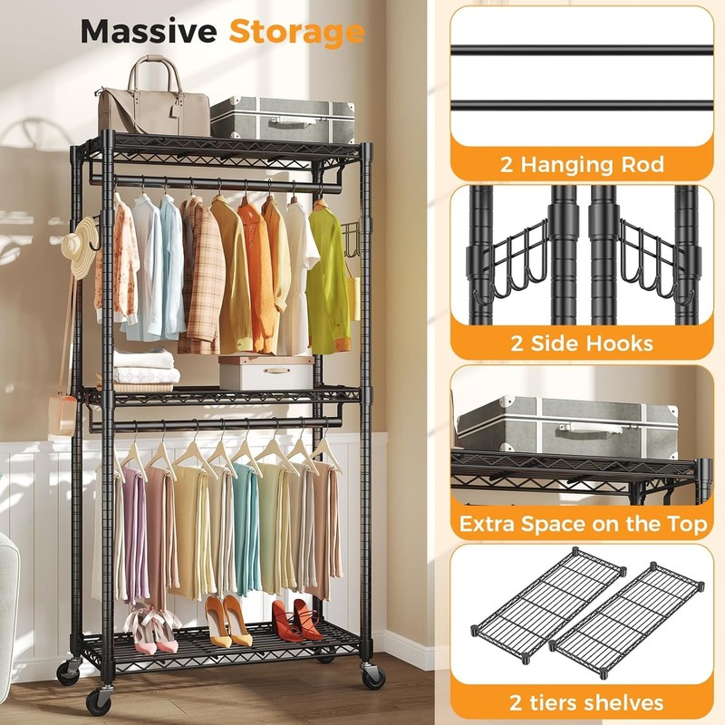 3 Tier Adjustable Wire Shelving Clothes Rack Double Rod Mobile Garment Organizer gallery