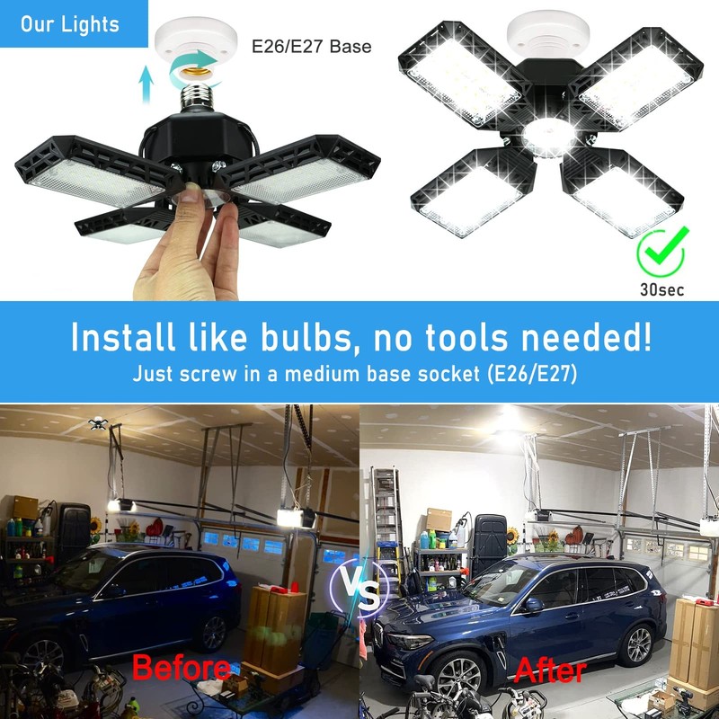 150W LED Garage Light Deformable Ceiling Lamp 15000LM with 4 Adjustable Panels gallery