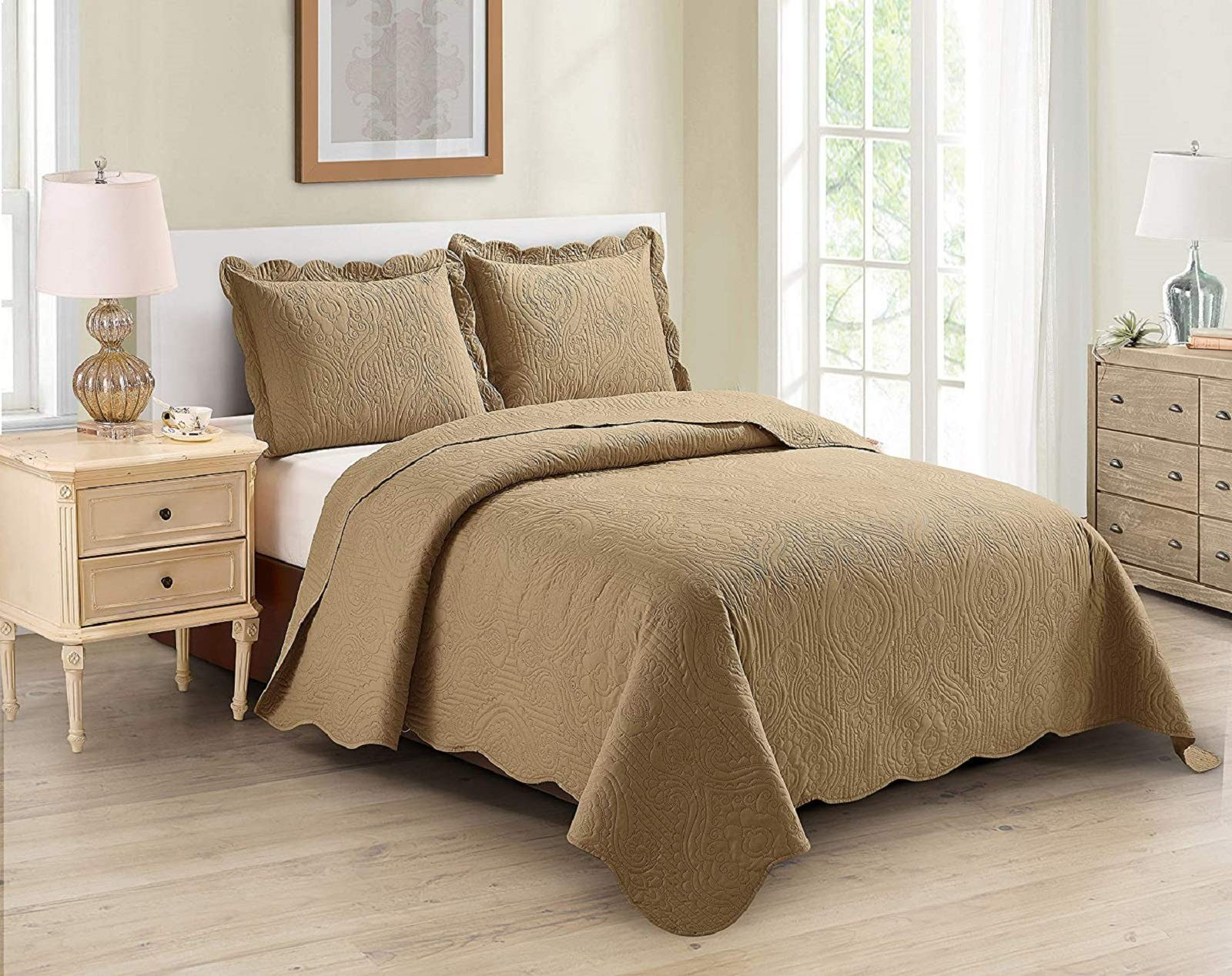 3pc Full/Queen Over Size Luxury Embossed Bedspread Set Light Weight Solid Tau... gallery
