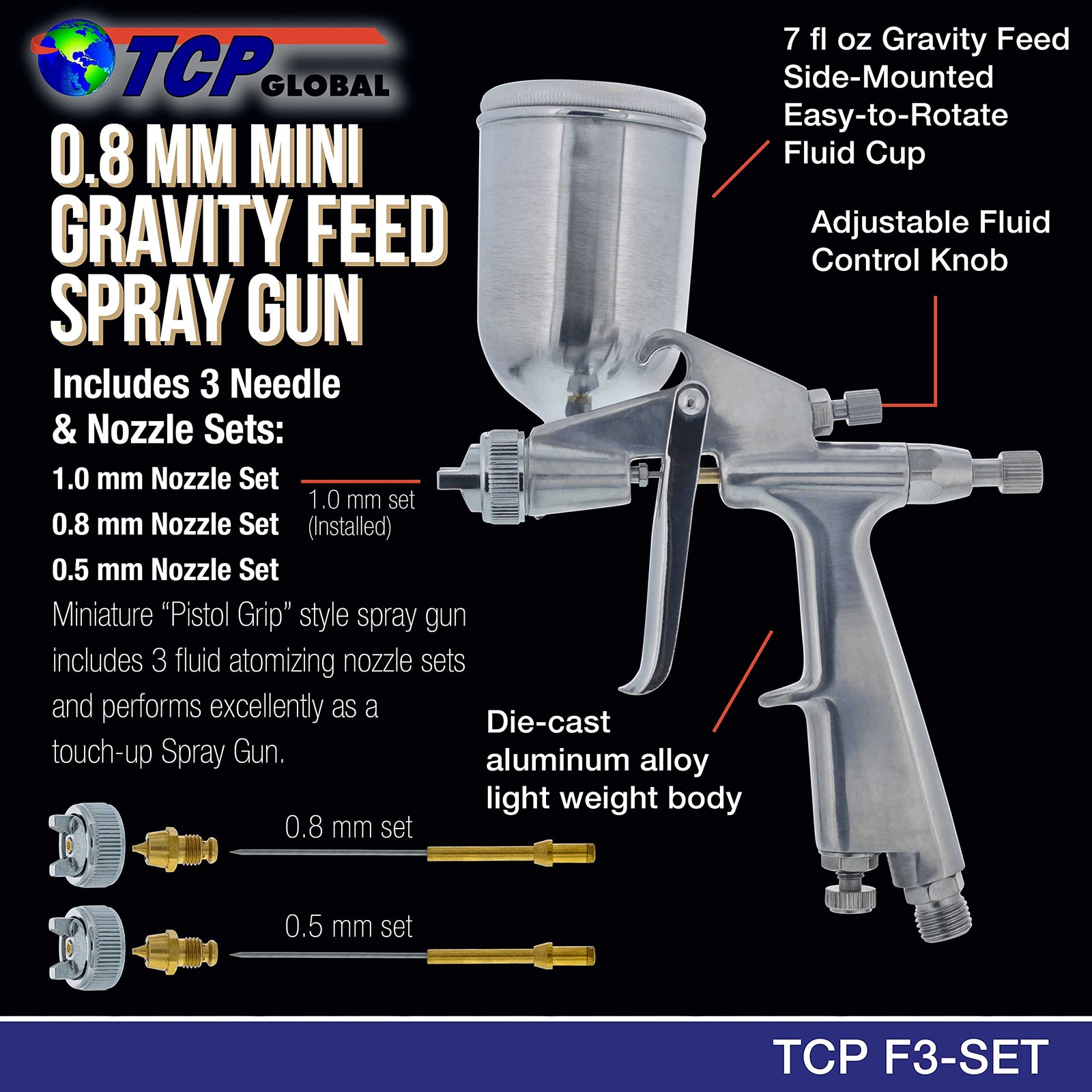 TCP Global Mini Gravity Feed Spray Gun with .8mm, .5mm & 1.0mm Needle & Nozzl... gallery