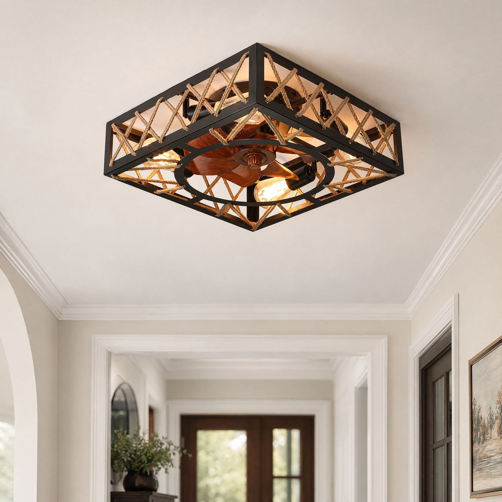 18 in Flush Mount Square Rustic Caged LED Ceiling Fan Remote Control with Light gallery