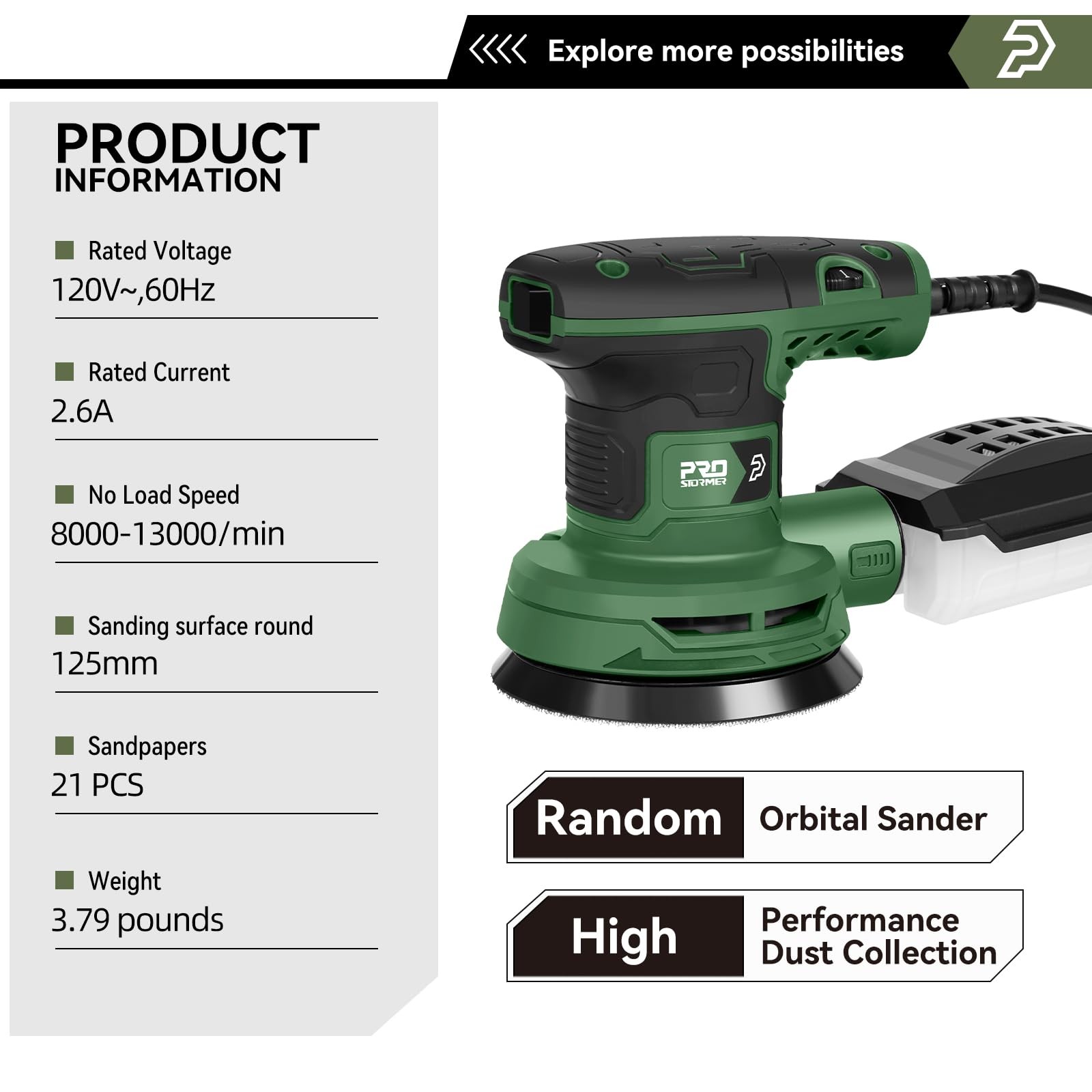 5-Inch Random Orbital Sander with 21PCS Sandpapers, 8000-13000RPM, 2.6AMP Pal... gallery