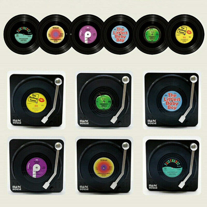 Vinyl Record Coasters for Drinks Retro Disk Coaster with Holder for Wooden Table gallery