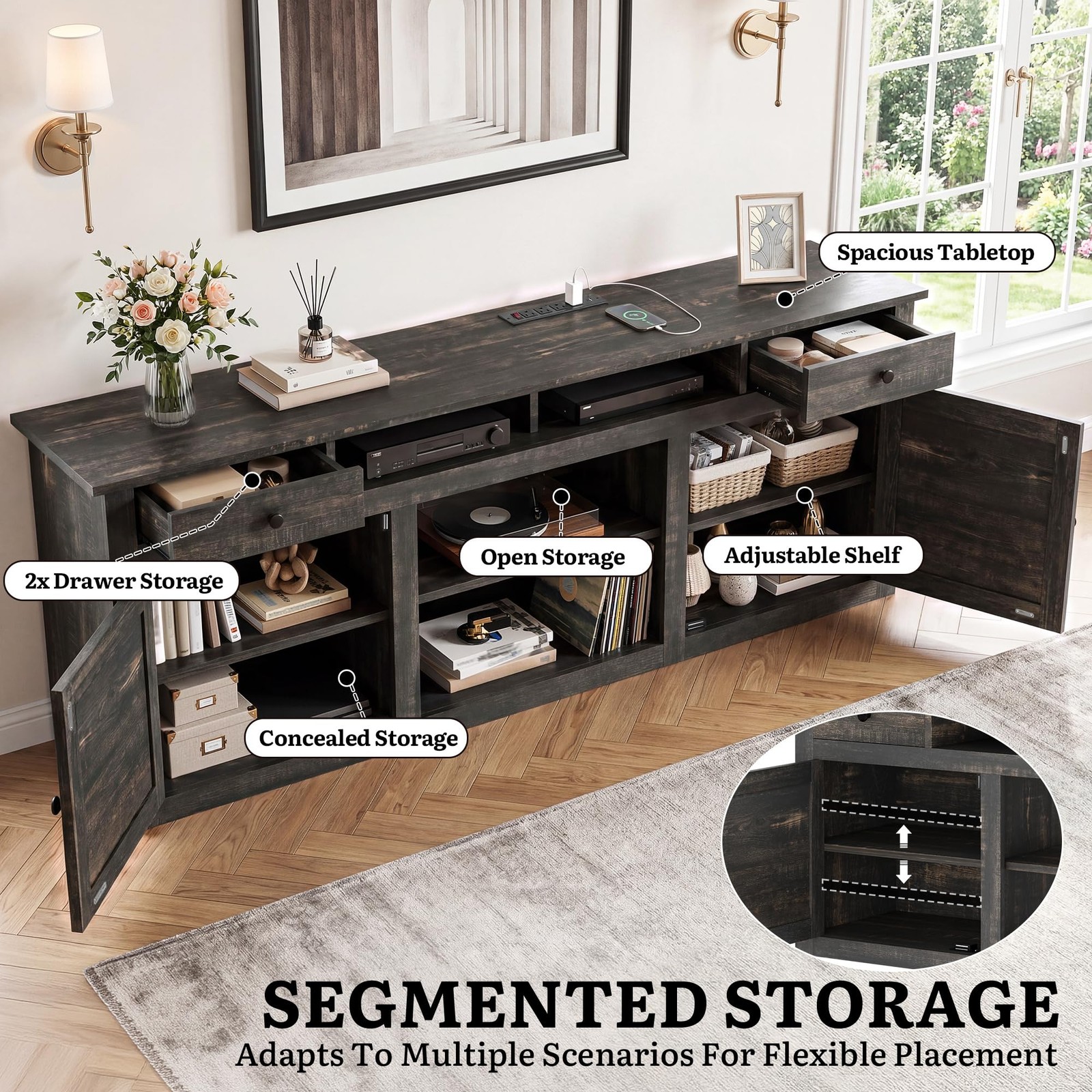TV Stand 70 Dark Rustic Oak Entertainment Center Power Outlet MAYIHQeik7 75/80 gallery