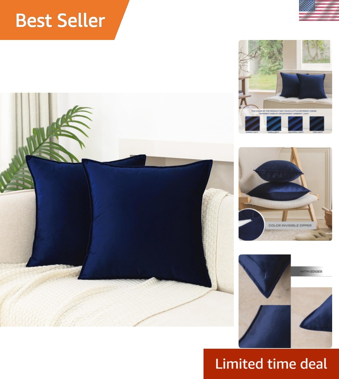 Velvet Navy Blue Throw Pillow Covers 18x18 Inches Pack of 2 Soft Decorative S... gallery