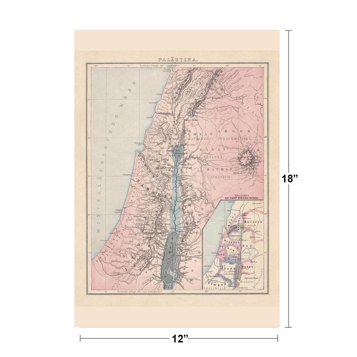 Palestine with Twelve Tribes Israel Historical Antique Style Map Poster 12x18 gallery