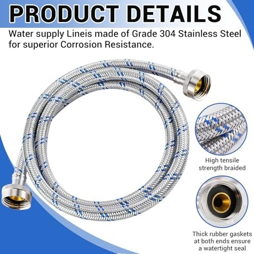 4 Ft Washing Machine Hoses, 2 Pack Premium Stainless Steel Washer Hose, Explosio gallery