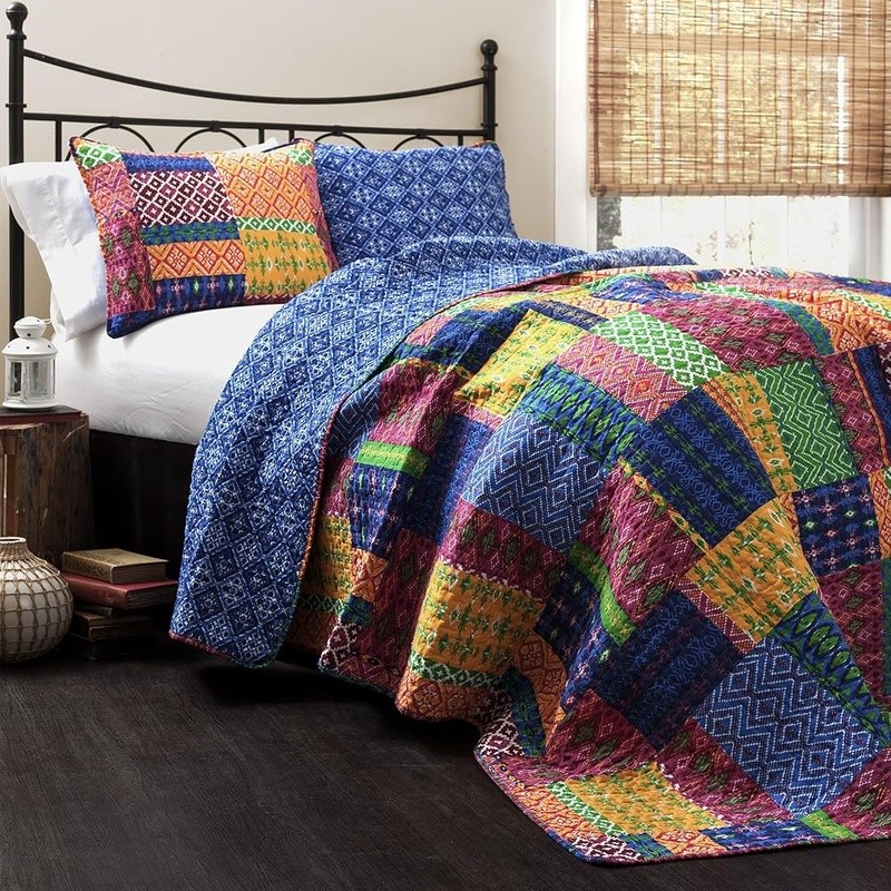 Reversible Cotton Quilt Set Patchwork Geometric Design Soft Bedding 3 Piece New gallery