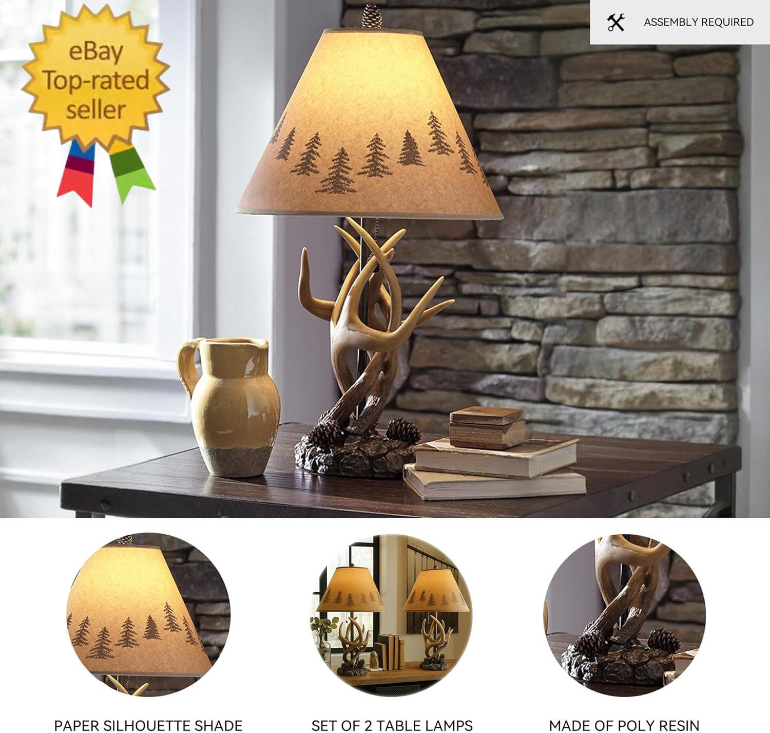 Derek Rustic Cabin Antler Lamp Set, 2 Count, Paper Silhouette Shade, Pull Chain gallery