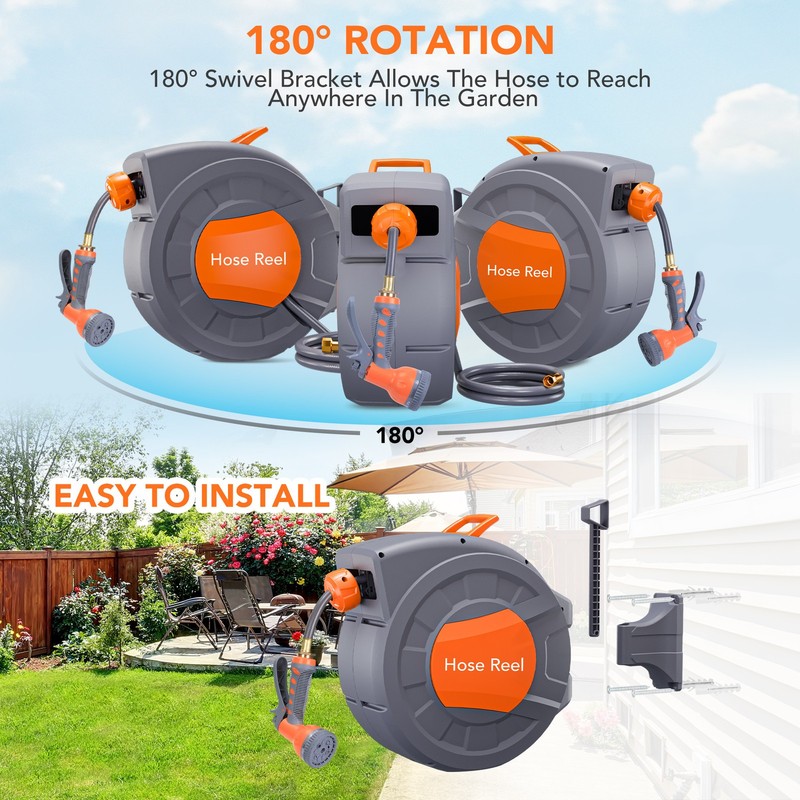 1/2 in x 100 ft Wall Mounted Retractable Water Hose Reel with 9 Sprayer Nozzle gallery