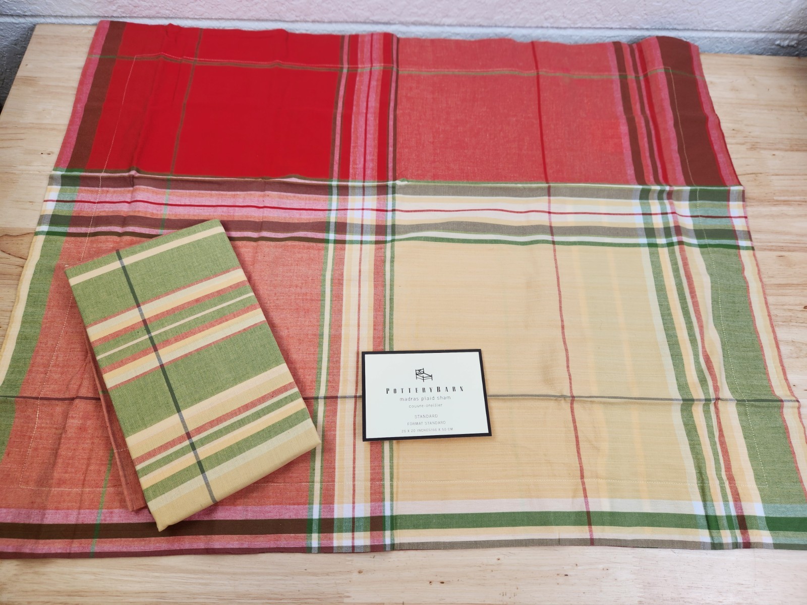 Pottery Barn Madras Rust Red Green Plaid Pillow Sham Set Of 2 Standard 20X26 NOS gallery