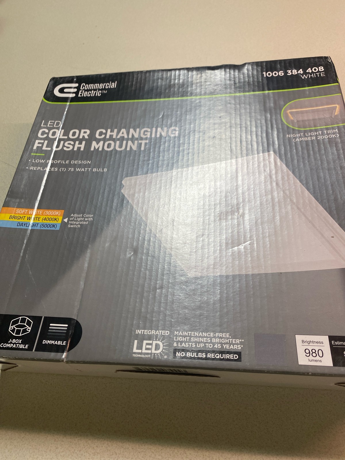 Low Profile 9 in. White Square LED Flush Mount with Night Light J-Box Compatible gallery