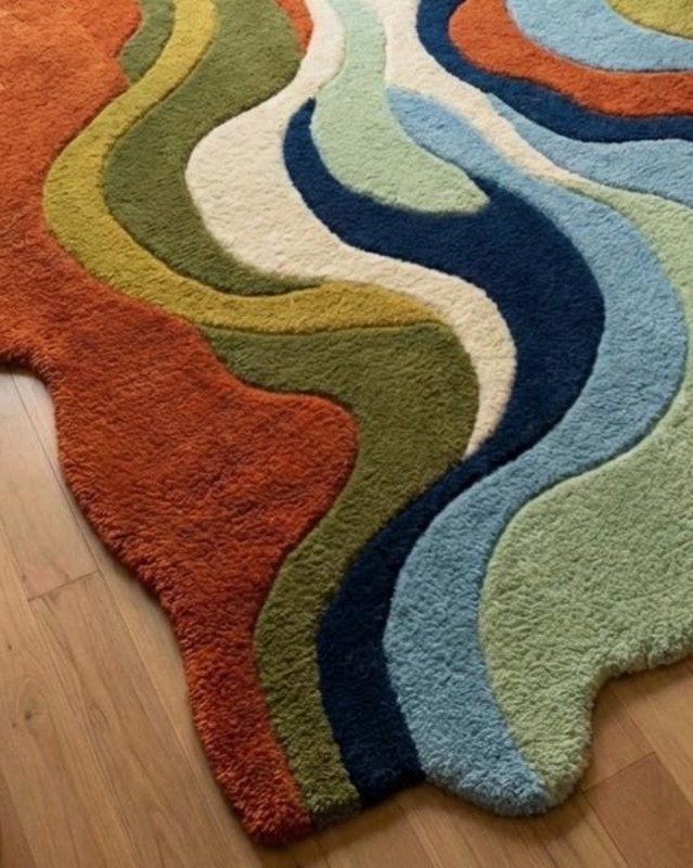 Modern Abstract Wave Rug Irregular Shape Navy Rust Sage Green Large Living Room gallery