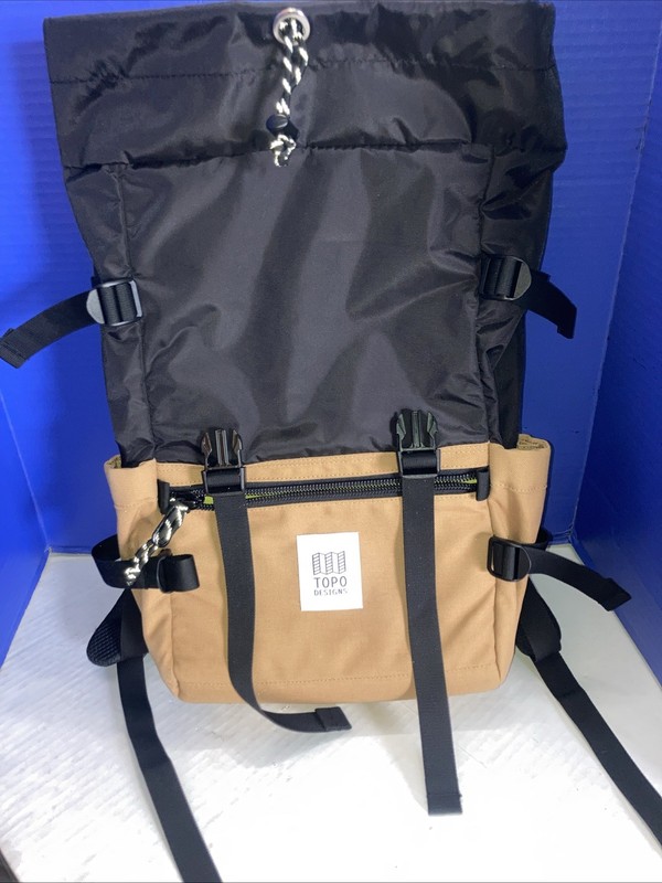 Topo Designs Hiking Backpack Black Brown Canvas Padded Straps External Pockets