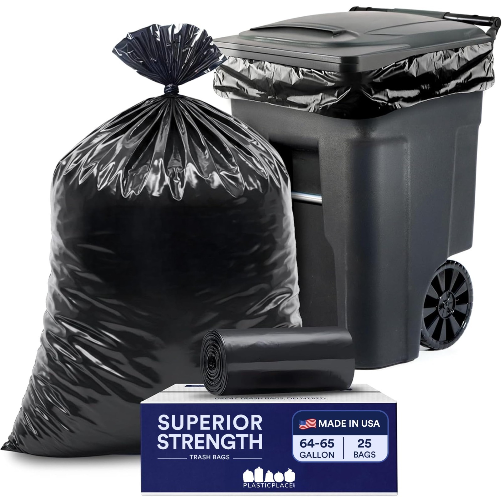 Dustbin 64- Gal Toter Compatible Trash Bags, Black, 1.2 mil, 25, 50 & 100 Conut gallery