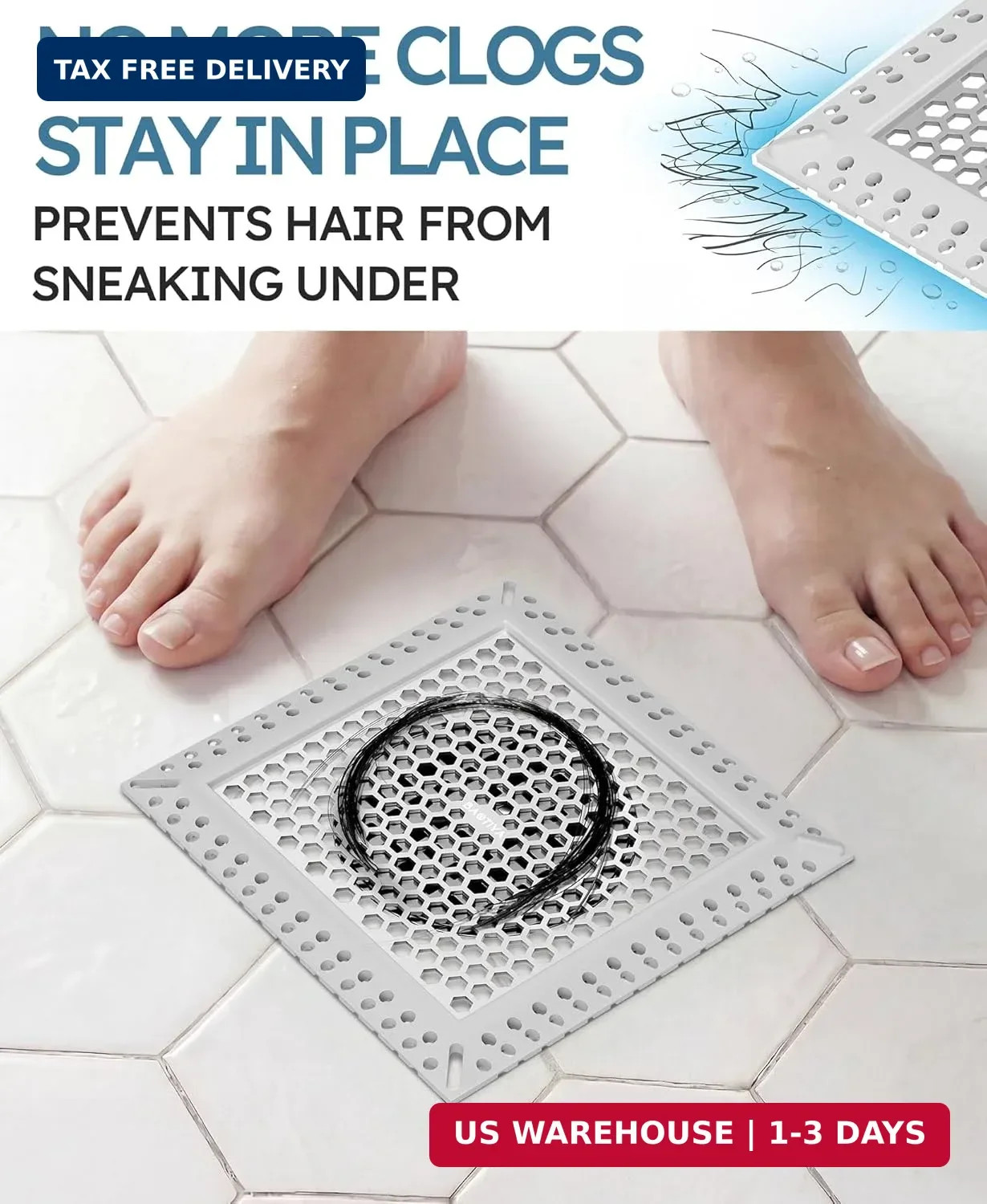 Square Shower Drain Hair Catcher Flat Anti Clogging Fast Drainage Bathroom Gray gallery
