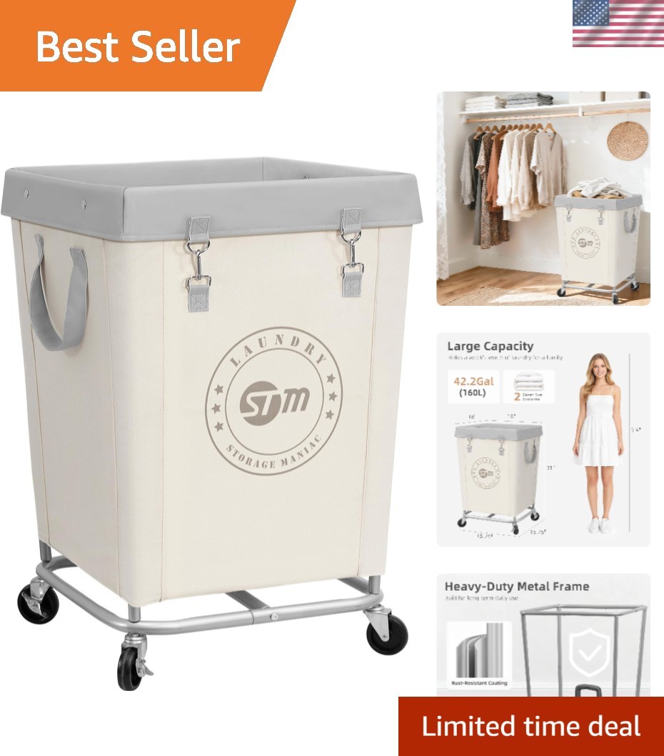 Durable Wheeled Industrial Laundry Cart - 18''L x 18''W x 31''H in Beige gallery