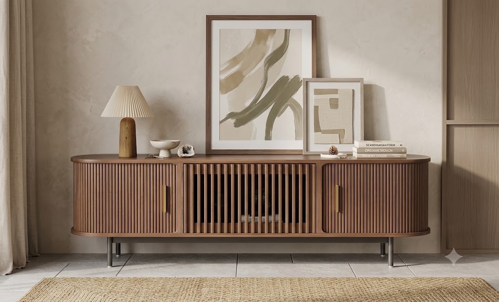 Mid-Century Modern Walnut Wood Tv Stand for Up to 75in TVs with Storage gallery