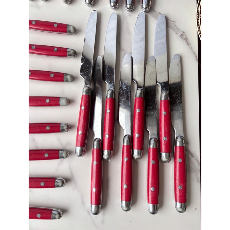 Vintage Red Riveted Flatware Set 40 Pieces Mixed Forks Spoons Knives Farmhouse gallery