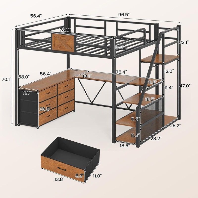 Full Size Loft Bed with Desk &Storage Stairs, Metal Loft Bed w/6 Storage Drawers gallery
