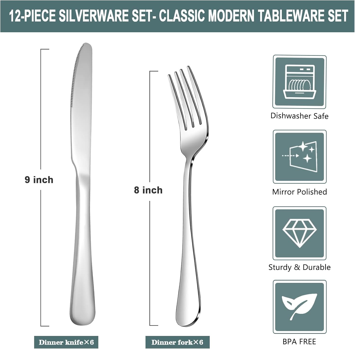 12 Piece Silverware Set with 6 Dinner Knives and 6 Dinner Forks,Flatware Set gallery