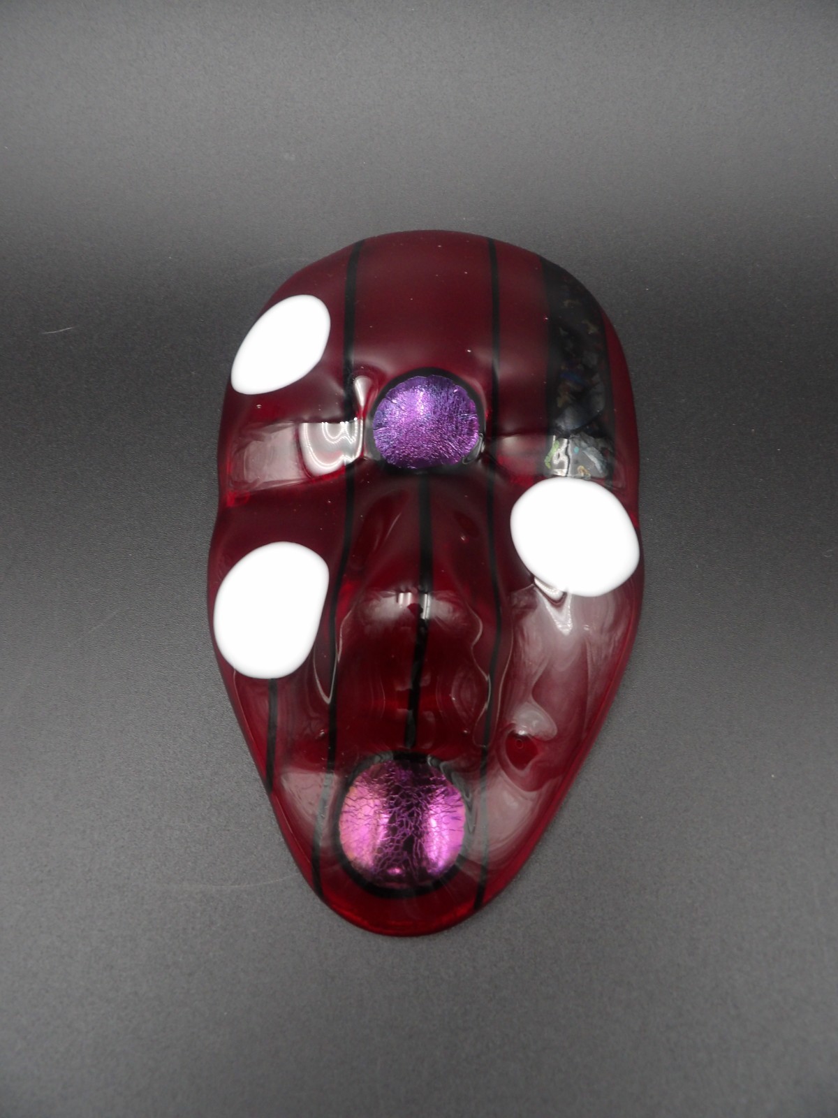 Handcrafted Red & Black Striped Art Glass Mask White Accents gallery