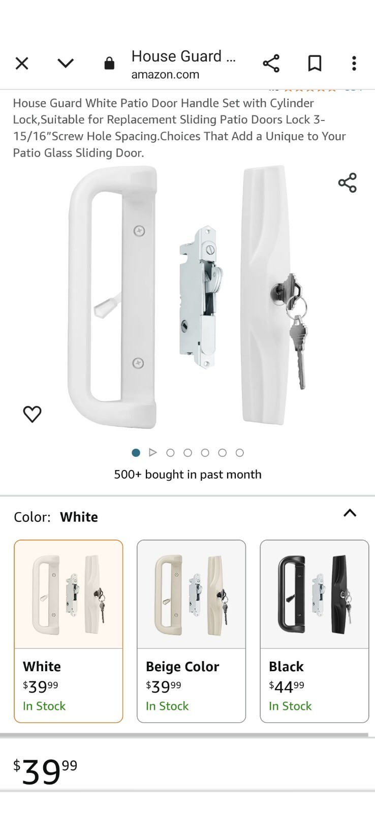 Sliding Glass Patio Door Hardware With lock House Guard White New 1006 Series gallery