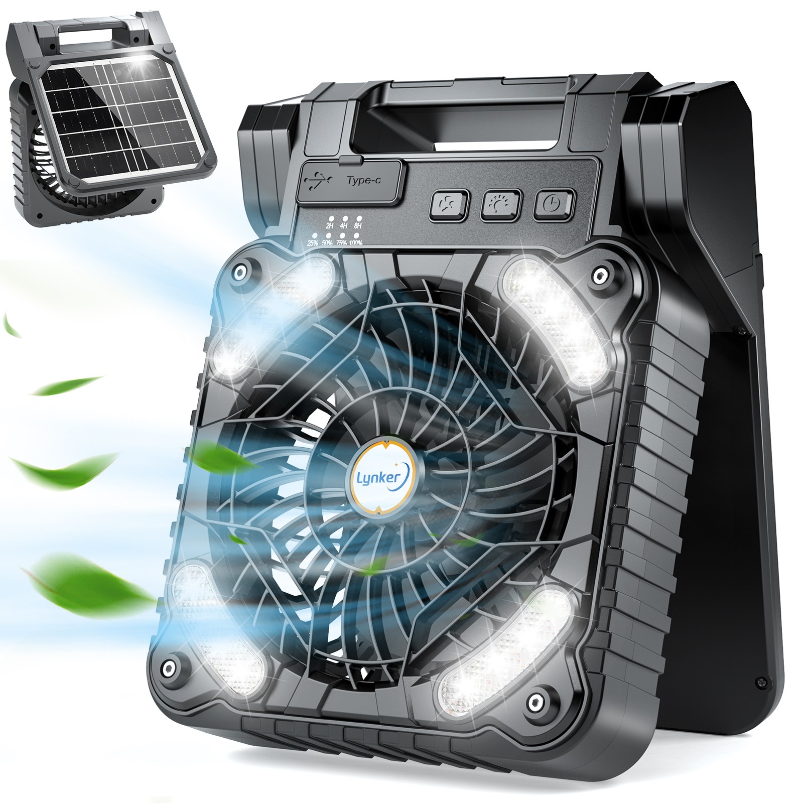 Solar Camping Fan Portable Powerful Quiet 4 Speed Levels with LED Light Timer gallery