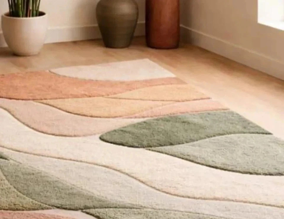 Modern Abstract Hand Tufted Area Rug in Sage Green Terracotta & Beige High Low gallery