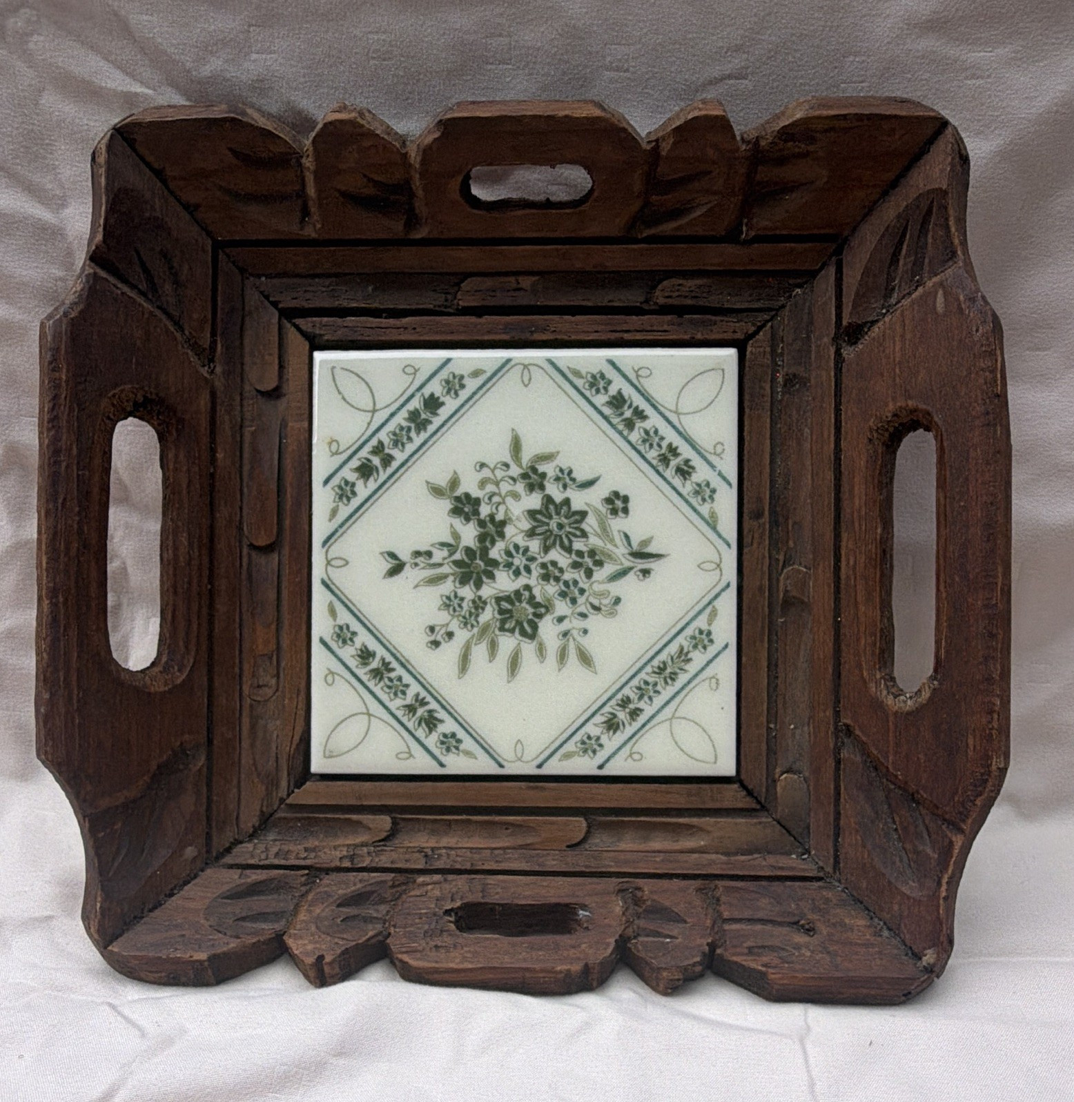Rustic Stained Wood Square Serving Tray w/ Handles & Floral Ceramic Tile 10in gallery