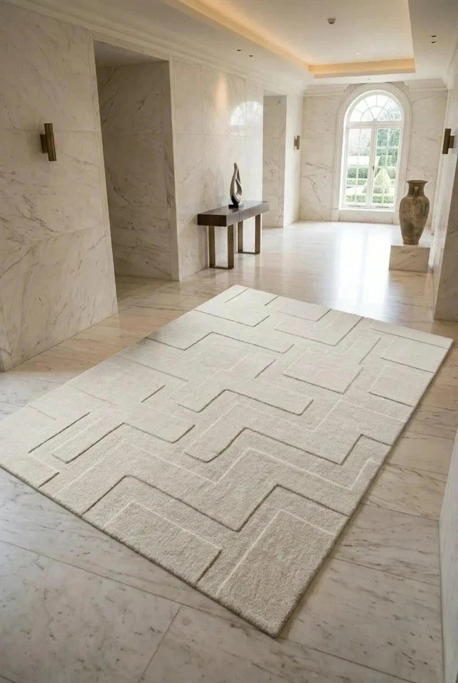 Luxury Hand Tufted Wool Rug Cream Geometric Modern Area Rug Scandinavian Carpet gallery