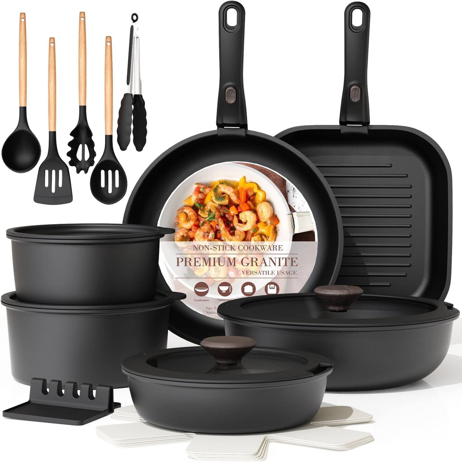 Astercook 21pc Nonstick Ceramic Set, Detach Handle, Stackable, Oven/Ind, Black gallery